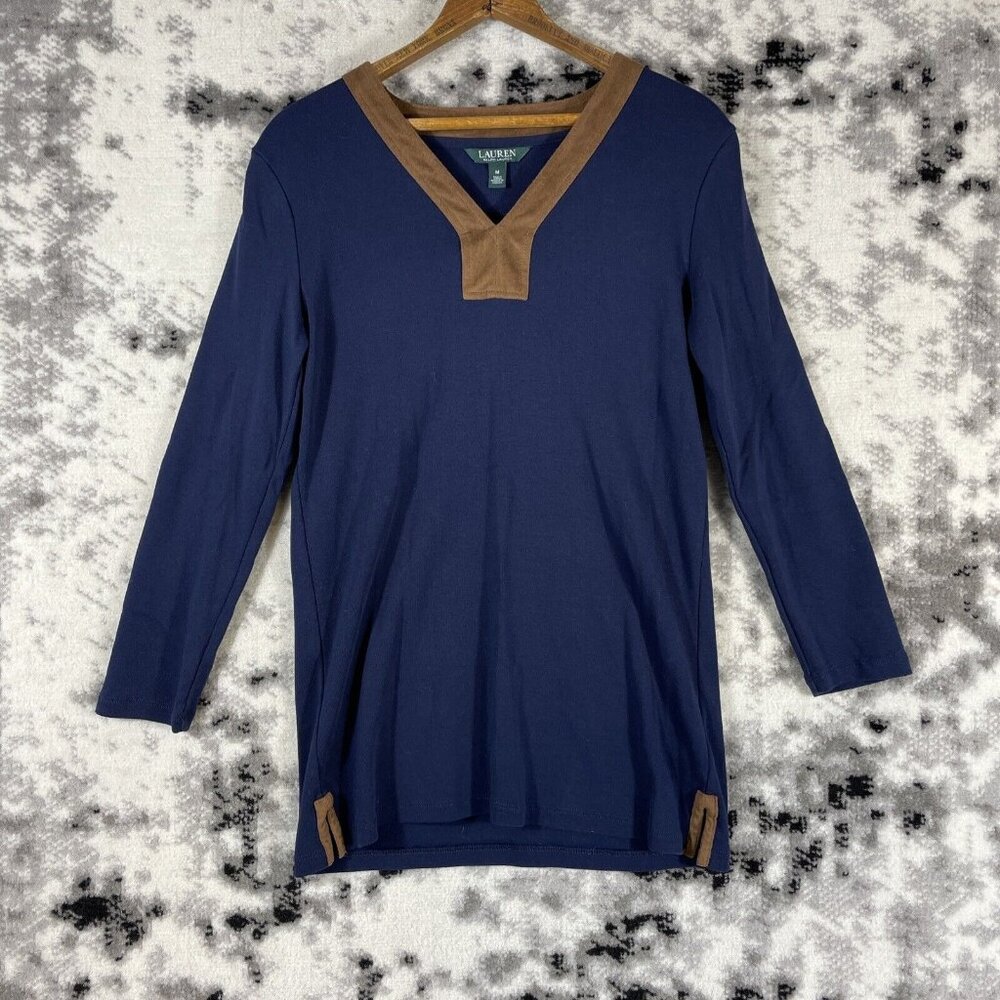 Lauren Ralph Lauren Top Womens Size Medium Blue Neckline Contrast V-neck‎